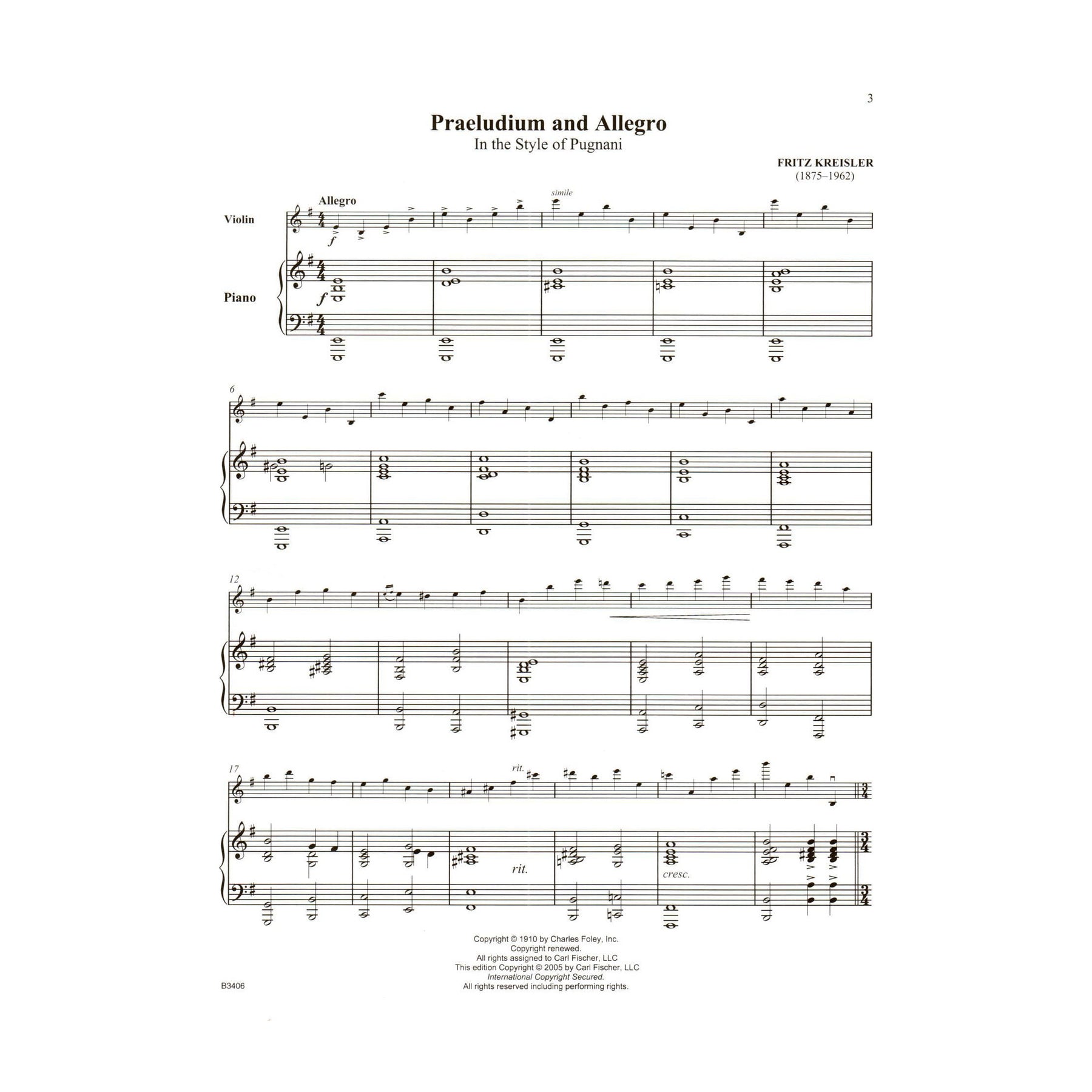 Kreisler, Fritz - Praeludium and Allegro - Violin and Piano - Book/Online Audio - Carl Fischer Edition