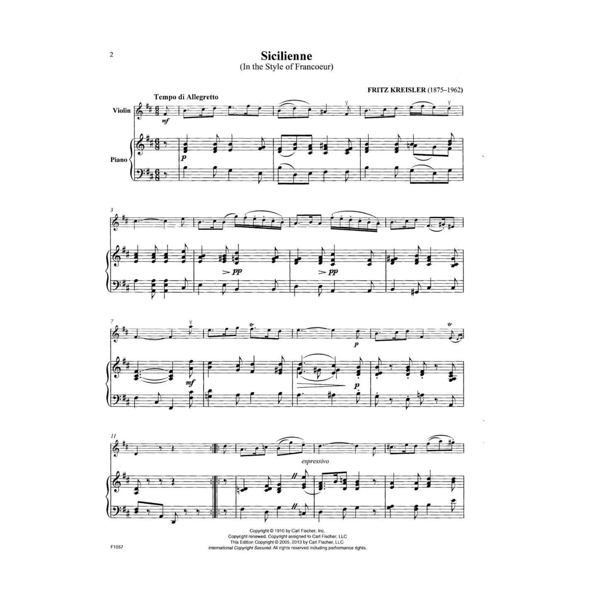 Kreisler, Fritz - Sicilienne and Rigaudon - Violin and Piano - Carl Fischer Edition