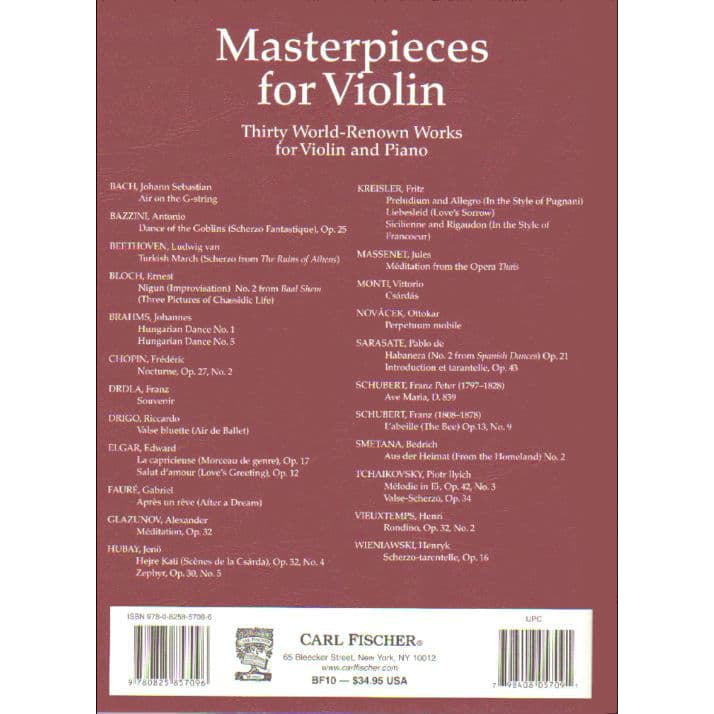 Masterpieces for Violin: 30 World-Renowned Works - Violin and Piano - Carl Fischer Edition
