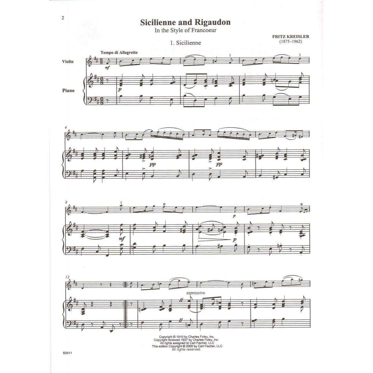 Kreisler, Fritz - Sicilienne and Rigaudon - for Violin and Piano - with Online Audio Access - Carl Fischer Edition