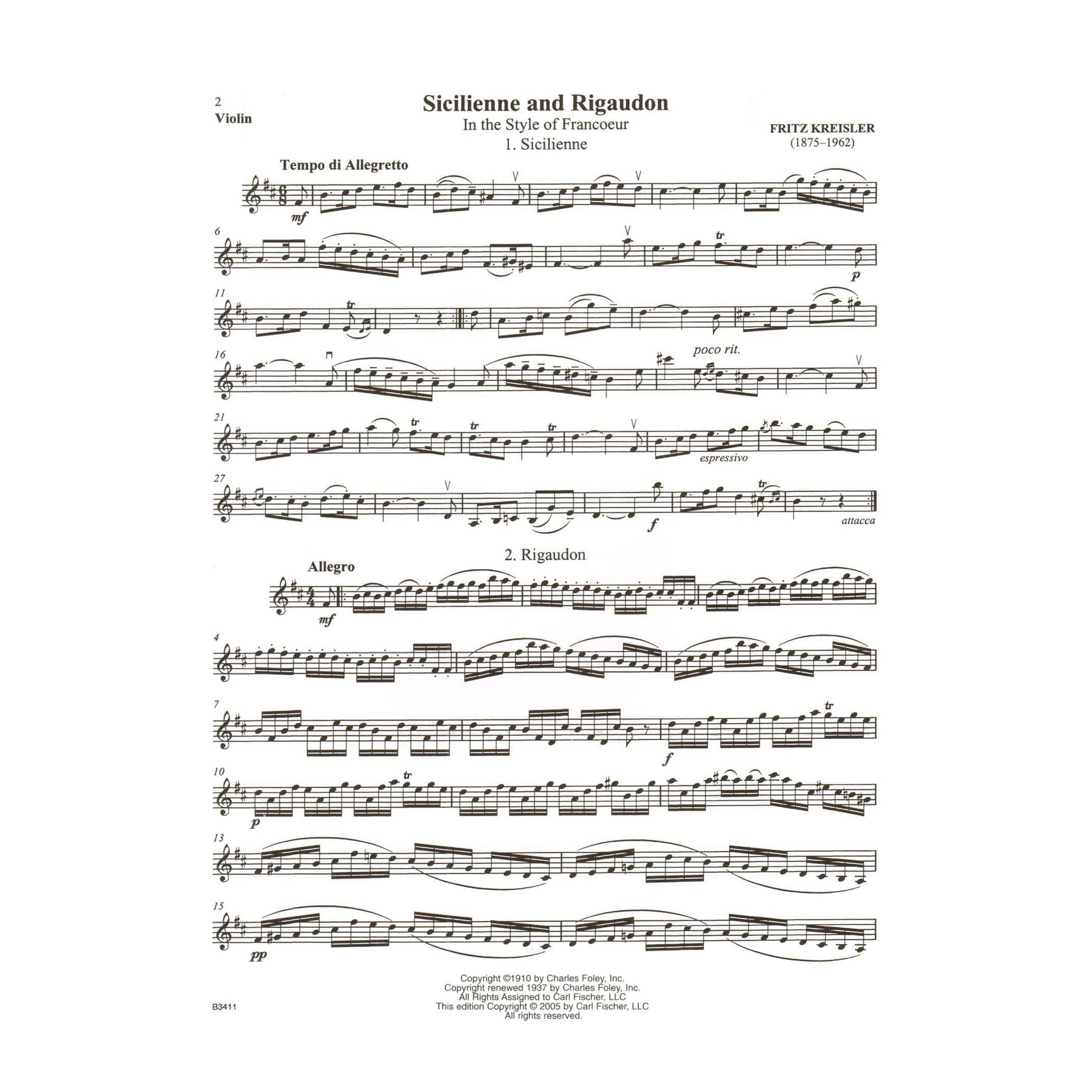 Kreisler, Fritz - Sicilienne and Rigaudon - for Violin and Piano - with Online Audio Access - Carl Fischer Edition