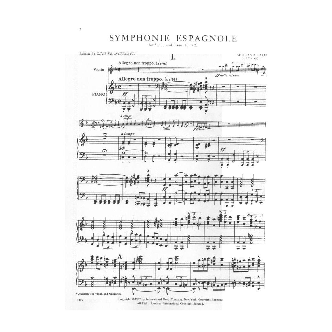 Lalo, Edouard - Symphonie Espagnole, Op 21 - Violin and Piano - edited by Zino Francescatti - International Music Co