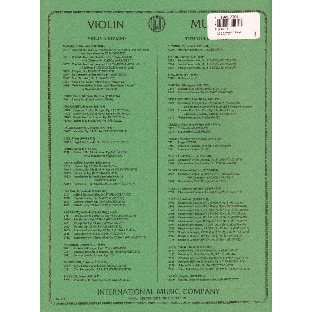 Lalo, Edouard - Symphonie Espagnole, Op 21 - Violin and Piano - edited by Zino Francescatti - International Music Co