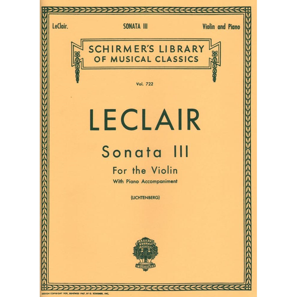 LeClair, Jean-Marie - Sonata in D Major, Op 9, No 3 - Violin and Piano - edited by Leopold Lichtenberg - G Schirmer Edition