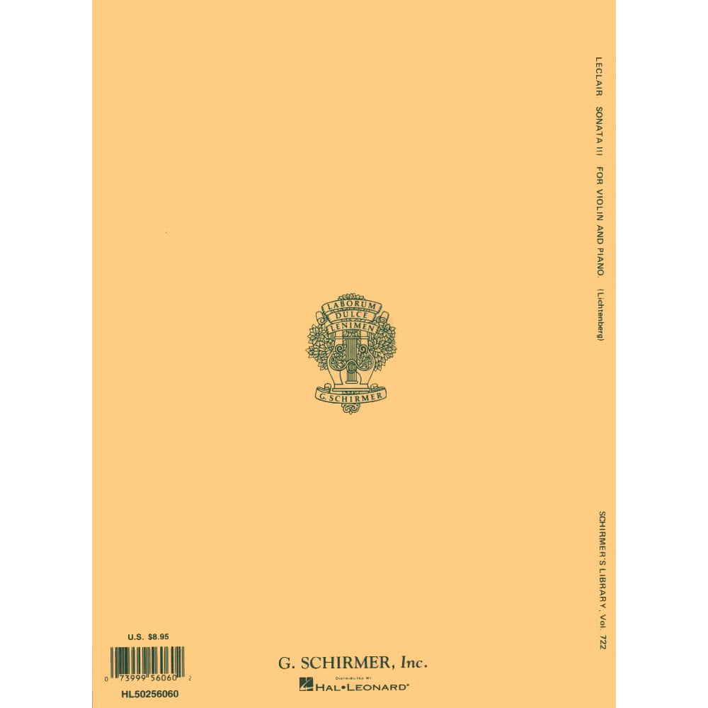 LeClair, Jean-Marie - Sonata in D Major, Op 9, No 3 - Violin and Piano - edited by Leopold Lichtenberg - G Schirmer Edition