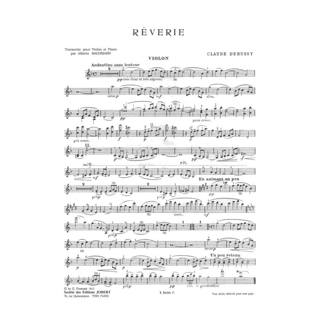 Debussy, Claude - Debussy for the Violin: Clair de Lune, Reverie, Valse Romantique, Ballade - Violin and Piano - arranged by A Roelens - Jobert Paris Edition