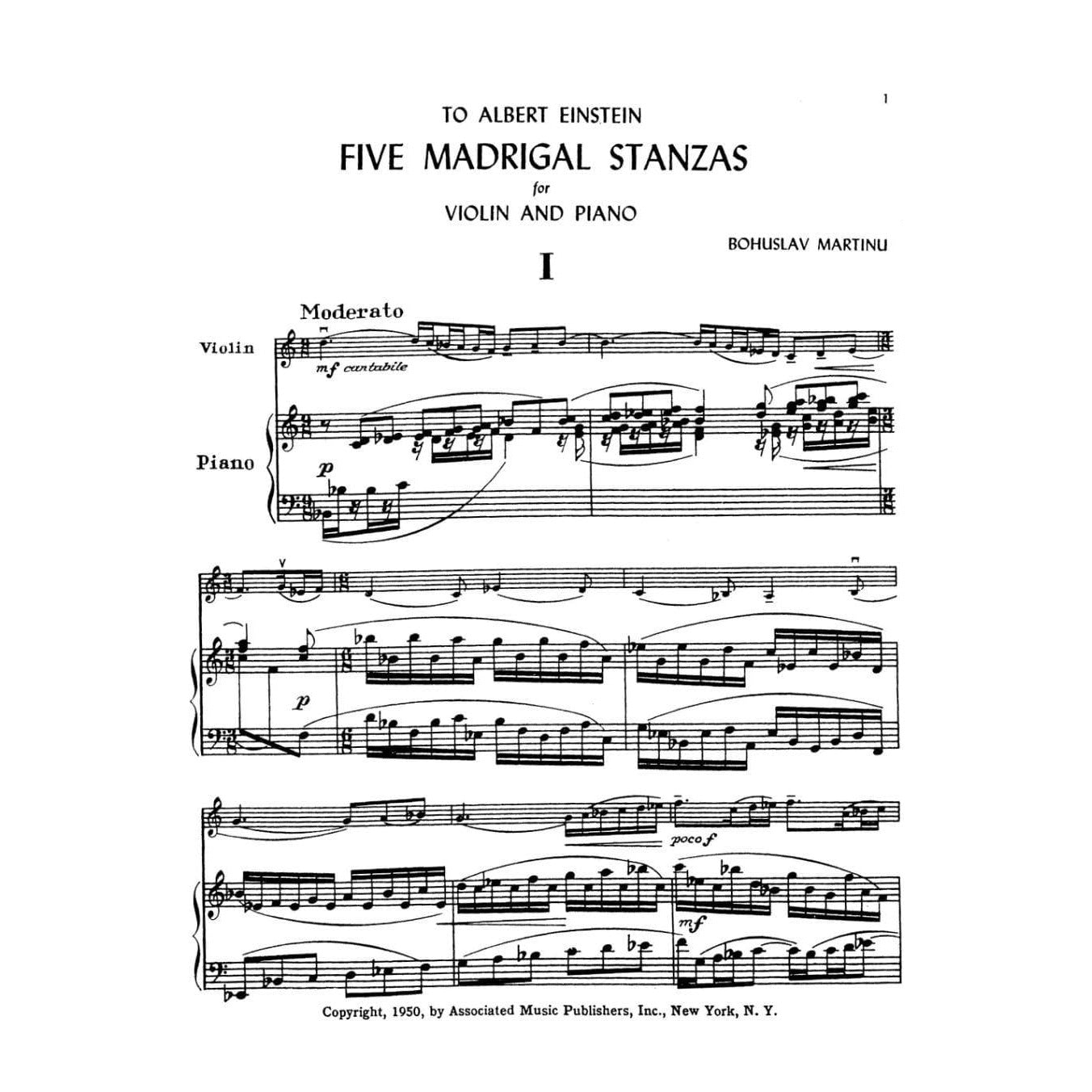 Martinů, Bohuslav - Five Madrigal Stanzas, Op 297 - Violin and Piano - Associated Music Publishers