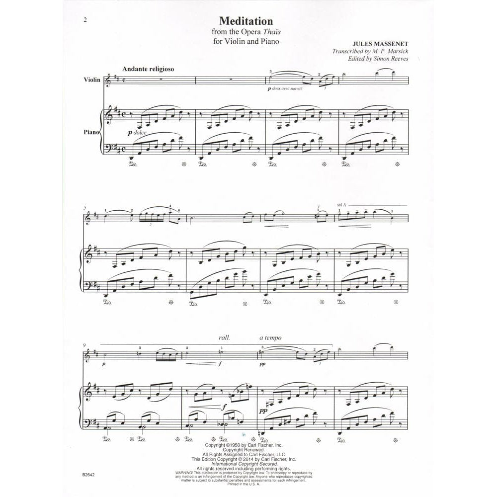 Massenet, Jules - Méditation from "Thaïs" - Violin and Piano - transcribed by M P Marsick - Carl Fischer Edition