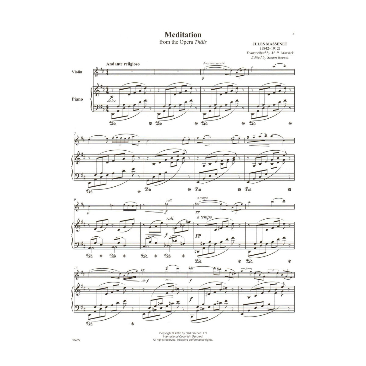 Massenet, Jules - Meditation from "Thais" - for Violin and Piano - with Online Audio Access - transcribed by Marsick - Carl Fischer
