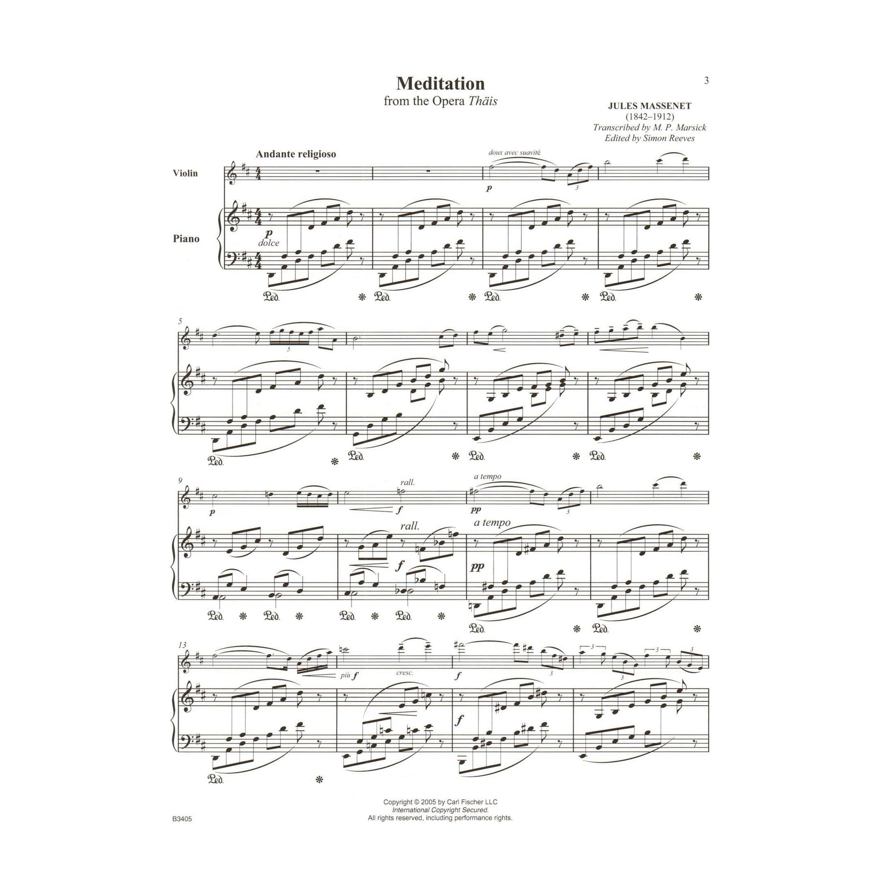 Massenet, Jules - Meditation from "Thais" - for Violin and Piano - with Online Audio Access - transcribed by Marsick - Carl Fischer
