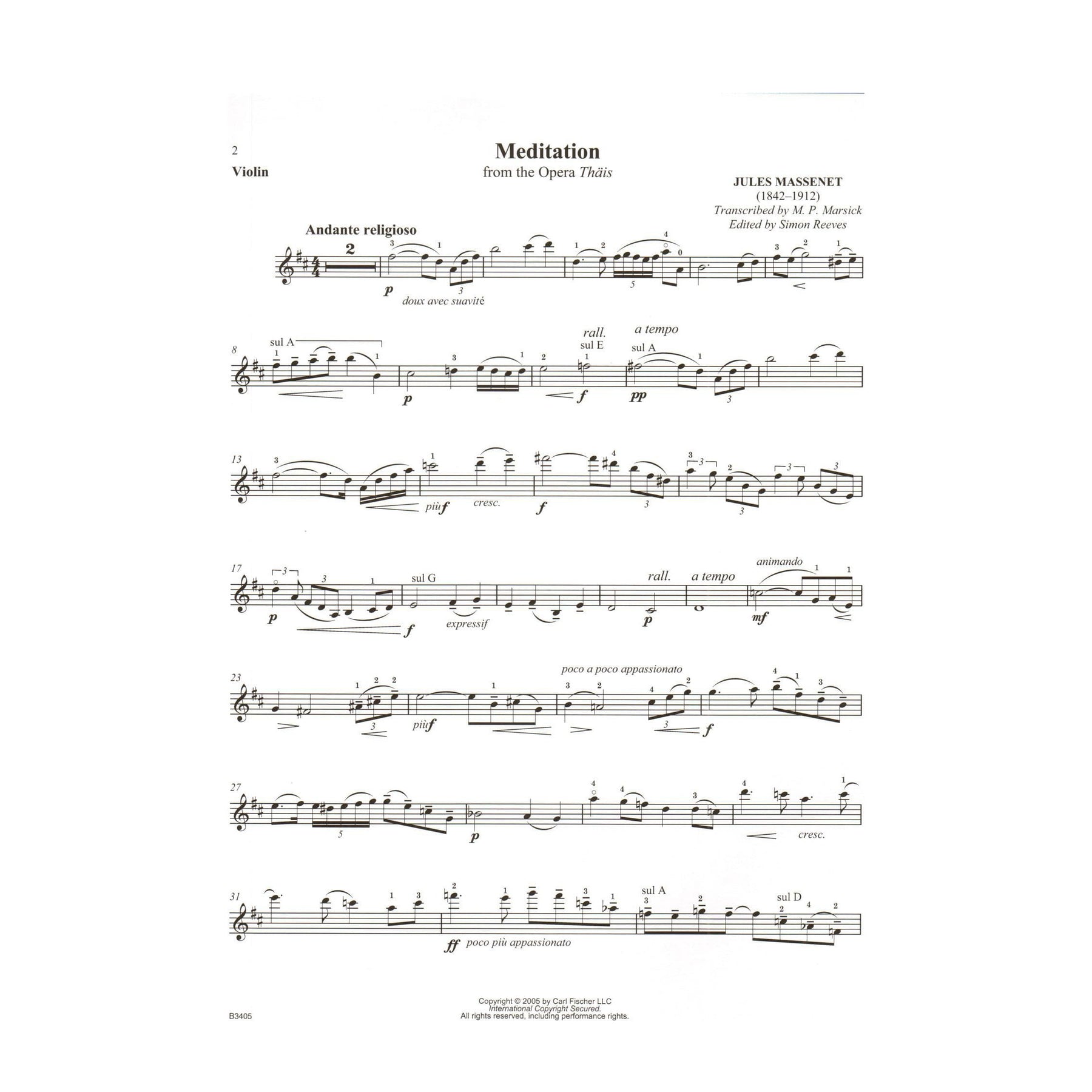 Massenet, Jules - Meditation from "Thais" - for Violin and Piano - with Online Audio Access - transcribed by Marsick - Carl Fischer
