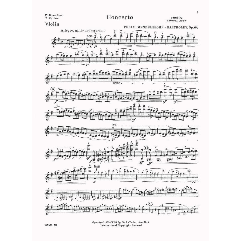Mendelssohn, Felix - Concerto in E Minor, Op 64 - Violin and Piano - edited by Leopold Auer - Carl Fischer Edition