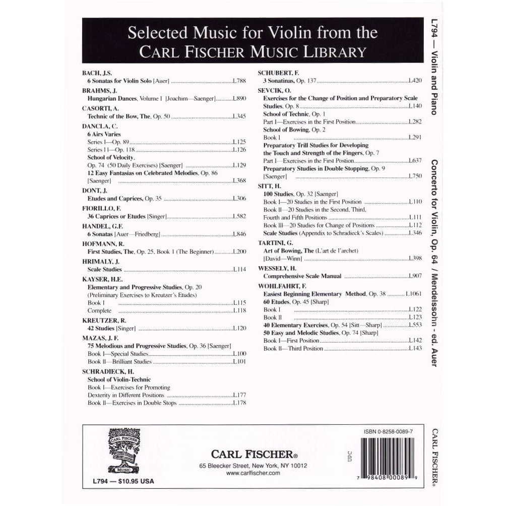 Mendelssohn, Felix - Concerto in E Minor, Op 64 - Violin and Piano - edited by Leopold Auer - Carl Fischer Edition