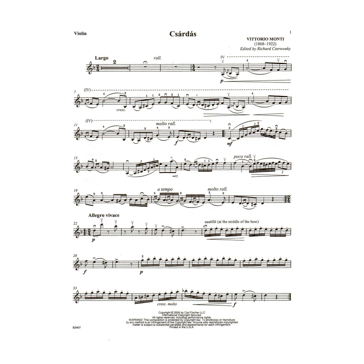 Monti, Vittorio - Csárdás - Violin and Piano - Book/Online Audio - edited by Richard Czerwonky - Carl Fischer Edition