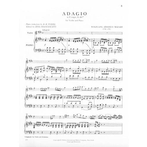 Mozart, WA - Adagio in E Major, K 261 - Violin and Piano - edited by Zino Francescatti - International Music Co