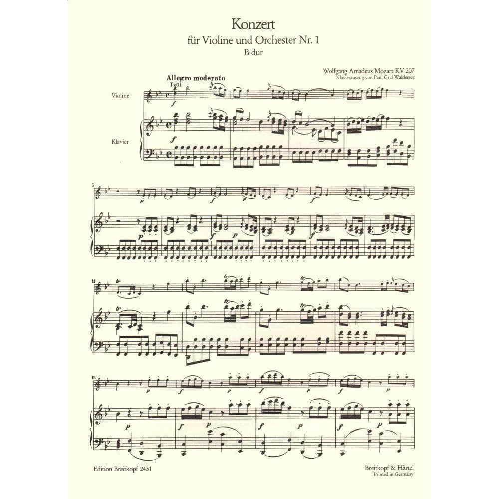 Mozart, WA - Concerto No 1 in B-flat Major, K 207 - Violin and Piano - edited by Paul Graf Waldersee - Breitkopf & Härtel Edition