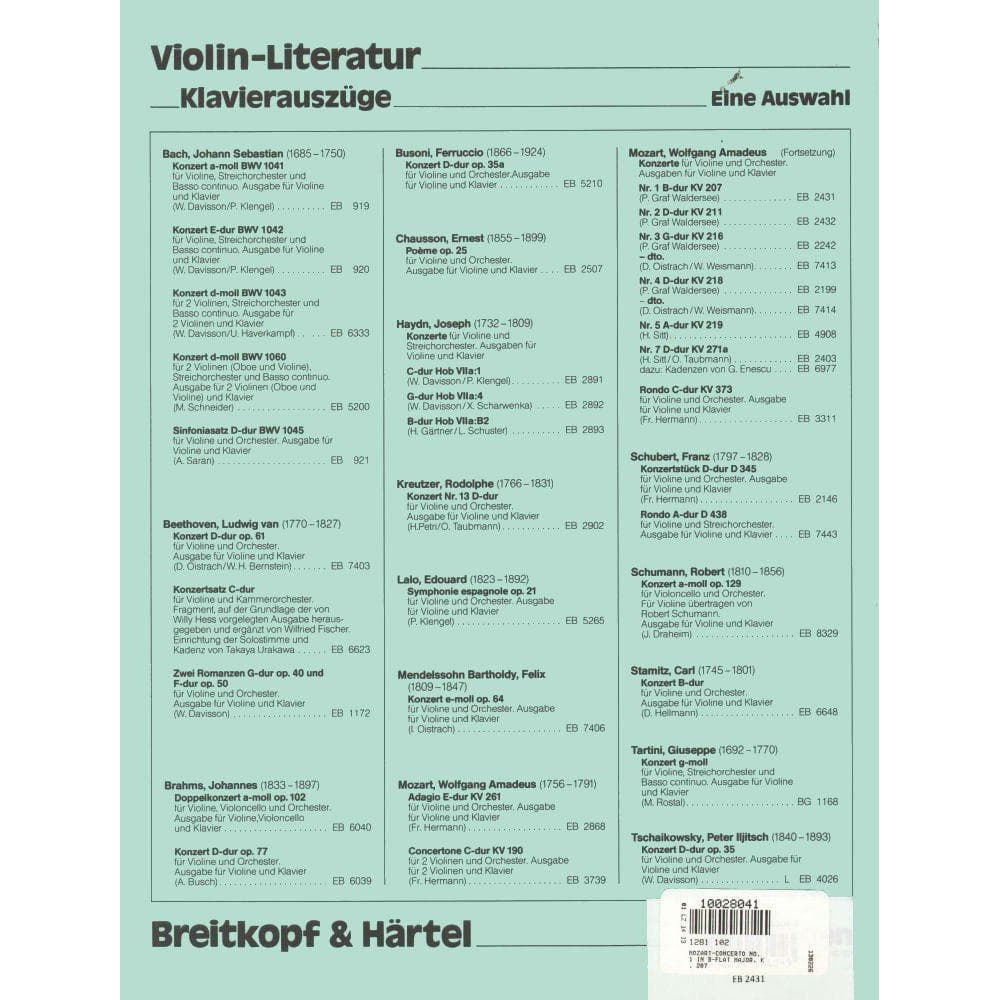 Mozart, WA - Concerto No 1 in B-flat Major, K 207 - Violin and Piano - edited by Paul Graf Waldersee - Breitkopf & Härtel Edition