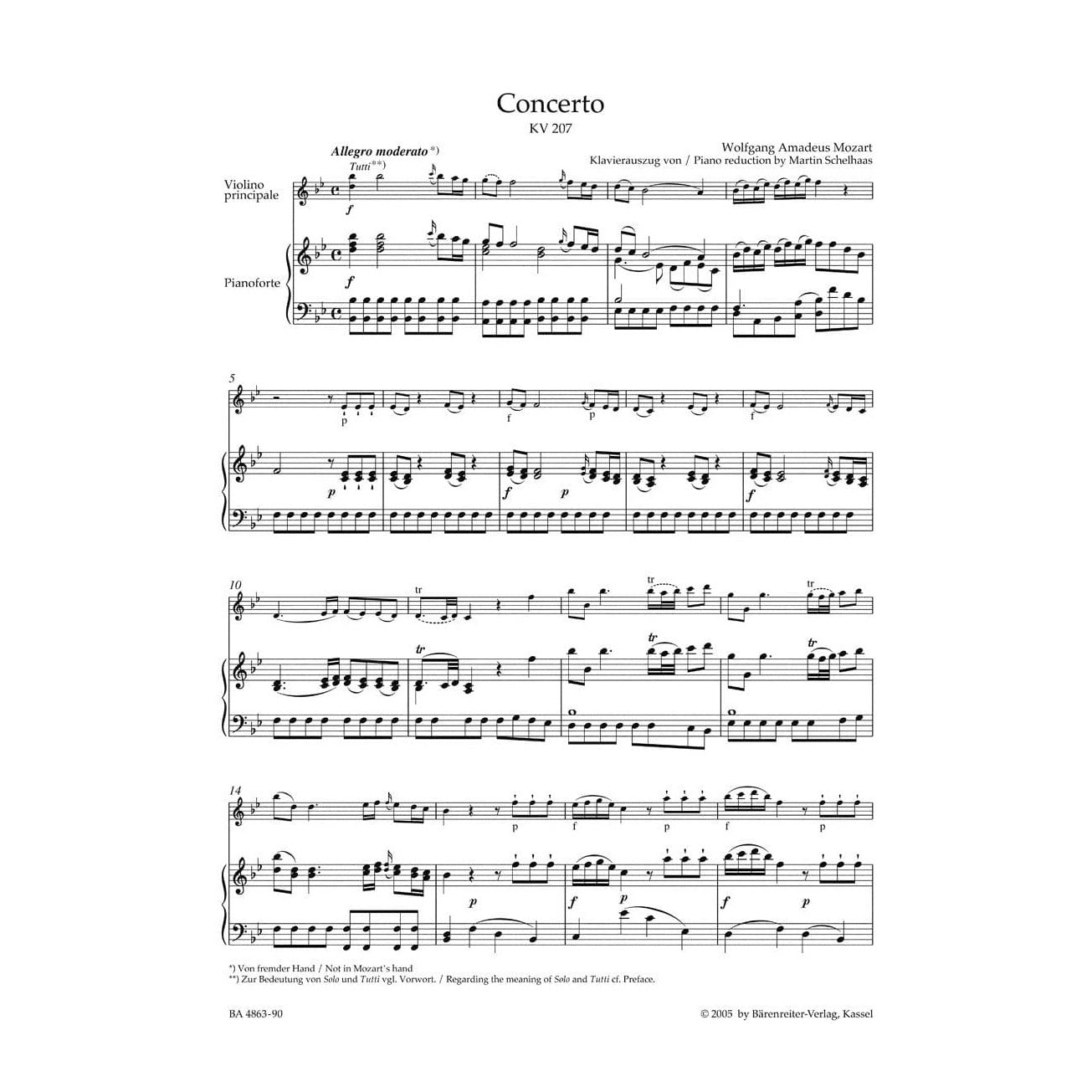 Mozart, WA - Concerto No 1 in B-flat Major, K 207 - Violin and Piano - edited by Christoph Hellmut Mahling - Bärenreiter Verlag URTEXT