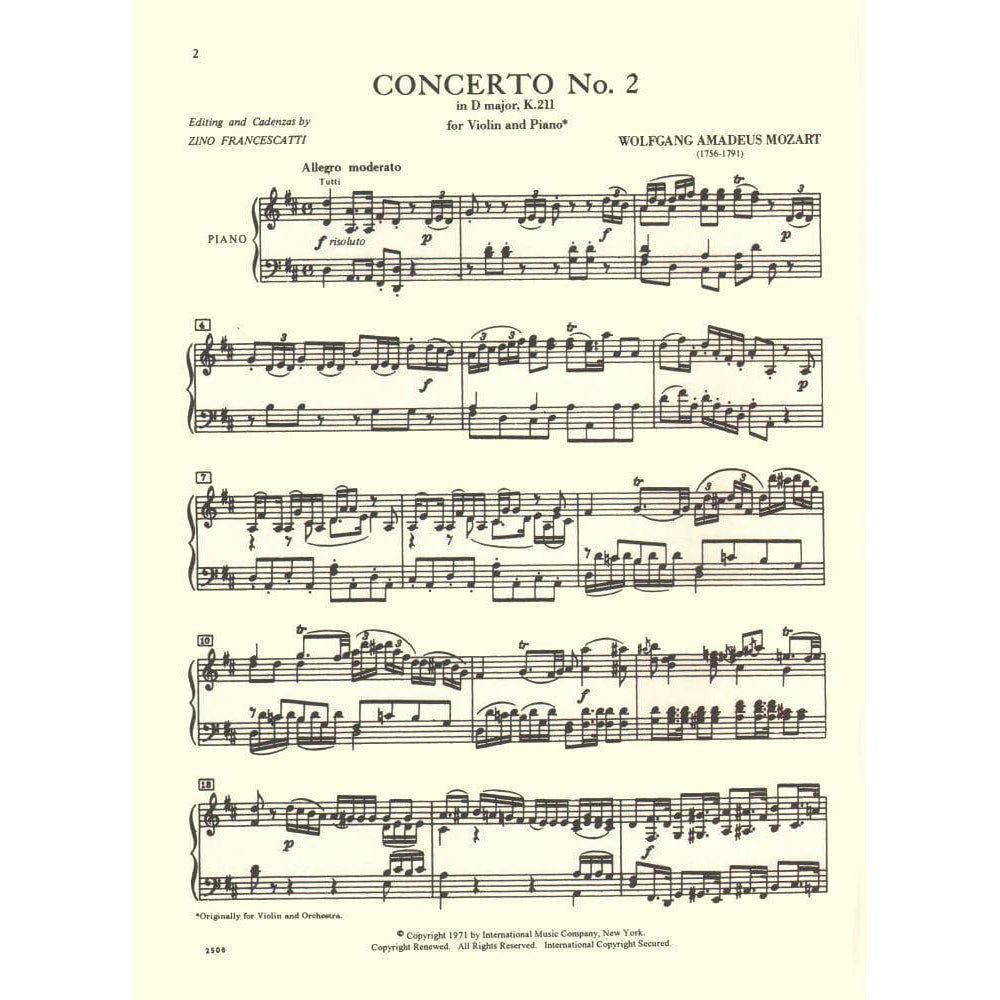 Mozart, WA - Concerto No 2 In D Major, K 211 - Violin and Piano - edited by Zino Francescatti - International Music Company