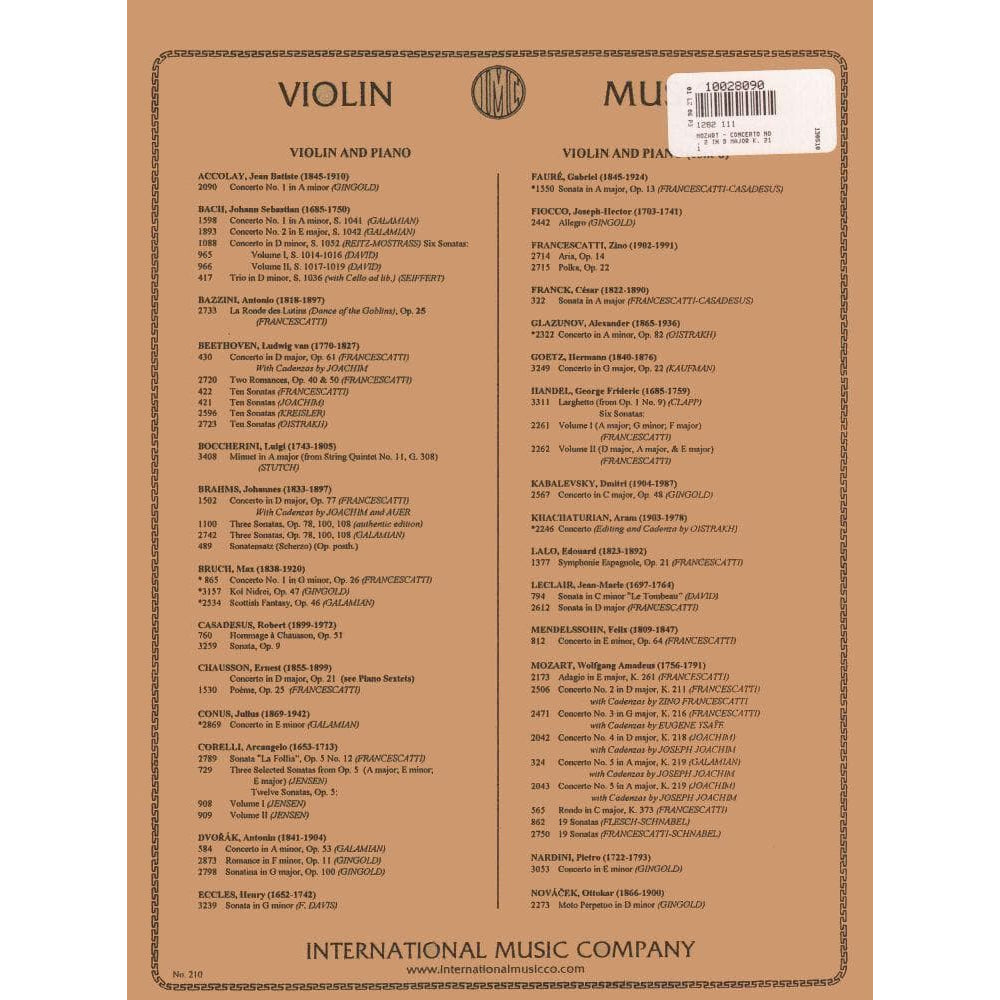 Mozart, WA - Concerto No 2 In D Major, K 211 - Violin and Piano - edited by Zino Francescatti - International Music Company