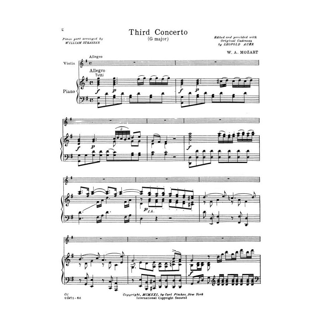 Mozart, WA - Concerto No 3 in G Major, K 216 - Violin and Piano - edited by Leopold Auer - Carl Fischer Edition