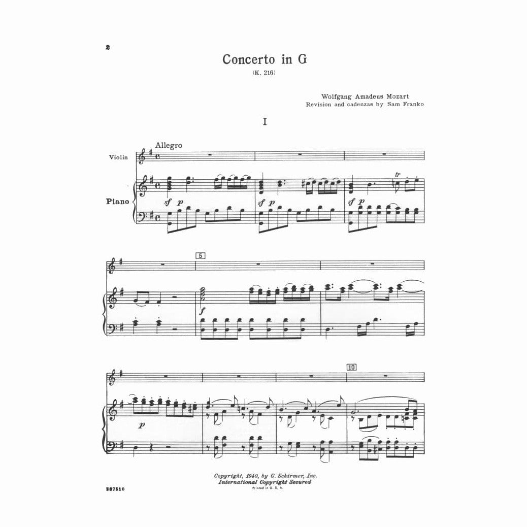 Mozart, WA - Concerto No 3 in G Major, K 216 - Violin and Piano - edited by Sam Franko - G Schirmer Edition