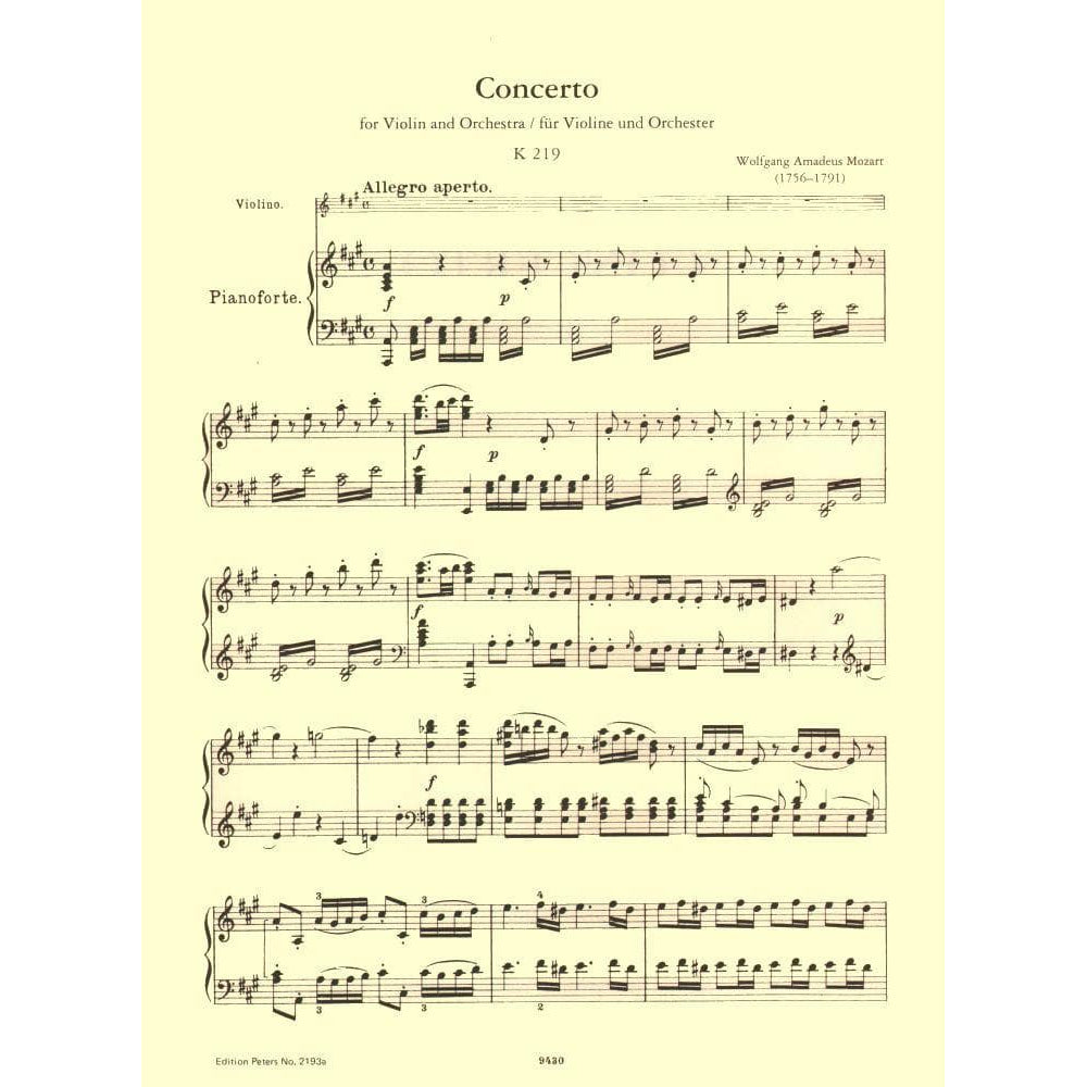 Mozart, WA - Concerto No 5 in A Major, K 219 - Violin and Piano - edited by Henri Marteau - Edition Peters