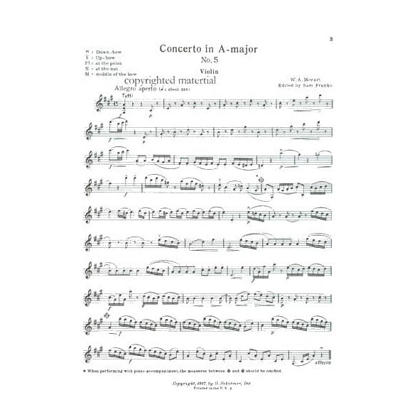 Mozart, WA - Concerto No 5 in A Major, K 219 - Violin and Piano - edited by Sam Franko - G Schirmer Edition