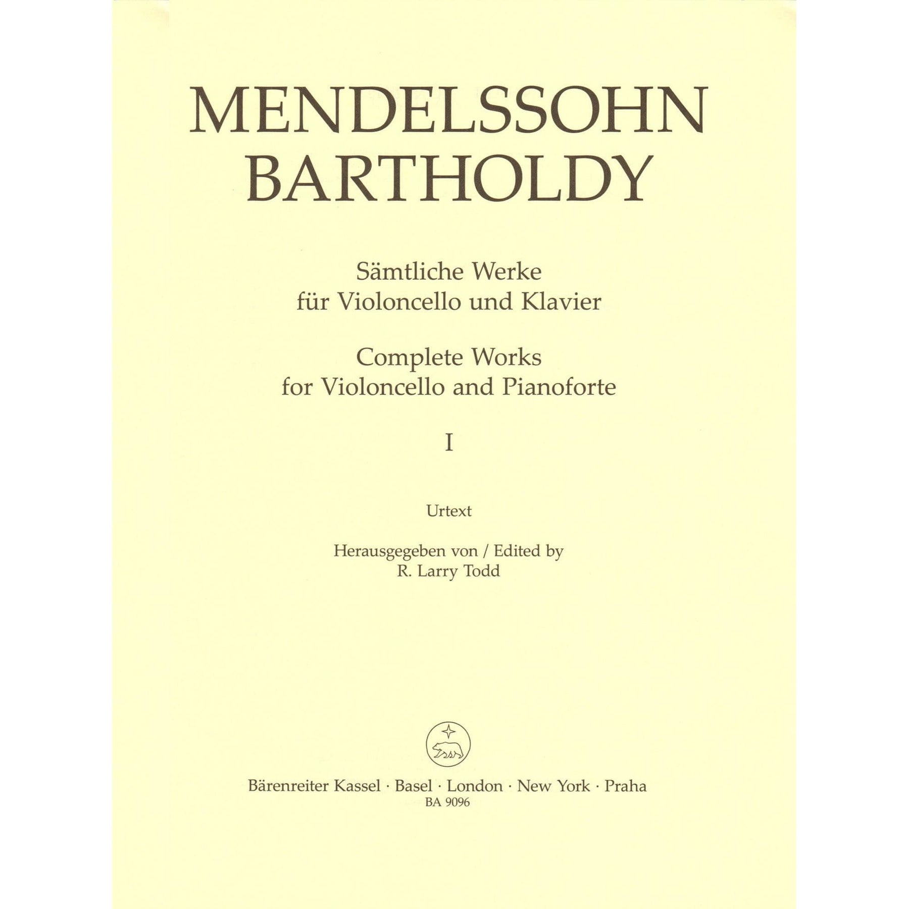 Mendelssohn, Felix - Complete Works, Volume 1: Sonatas - Op. 45, 58 - for Cello and Piano - Barenreiter URTEXT
