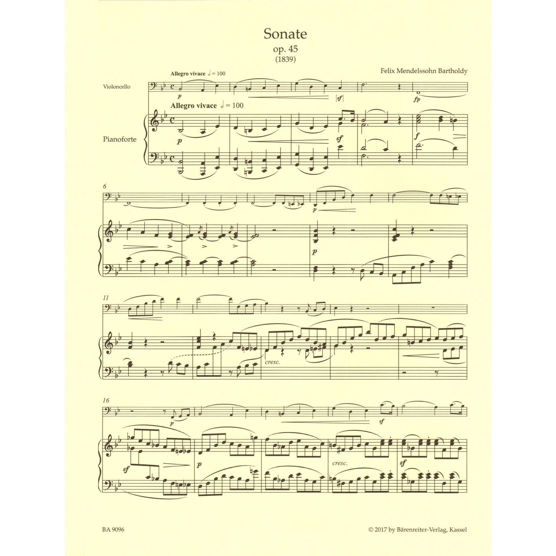Mendelssohn, Felix - Complete Works, Volume 1: Sonatas - Op. 45, 58 - for Cello and Piano - Barenreiter URTEXT
