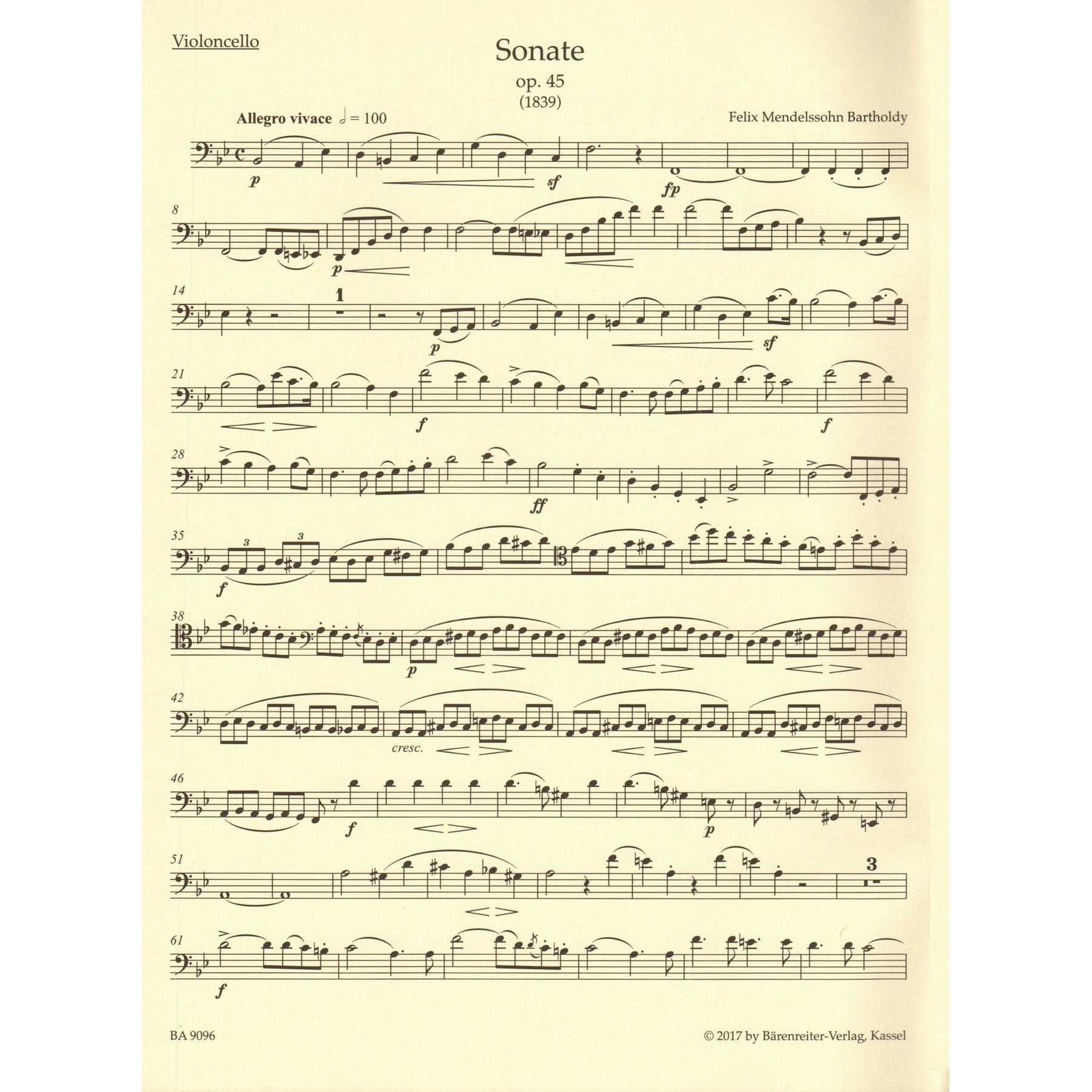 Mendelssohn, Felix - Complete Works, Volume 1: Sonatas - Op. 45, 58 - for Cello and Piano - Barenreiter URTEXT