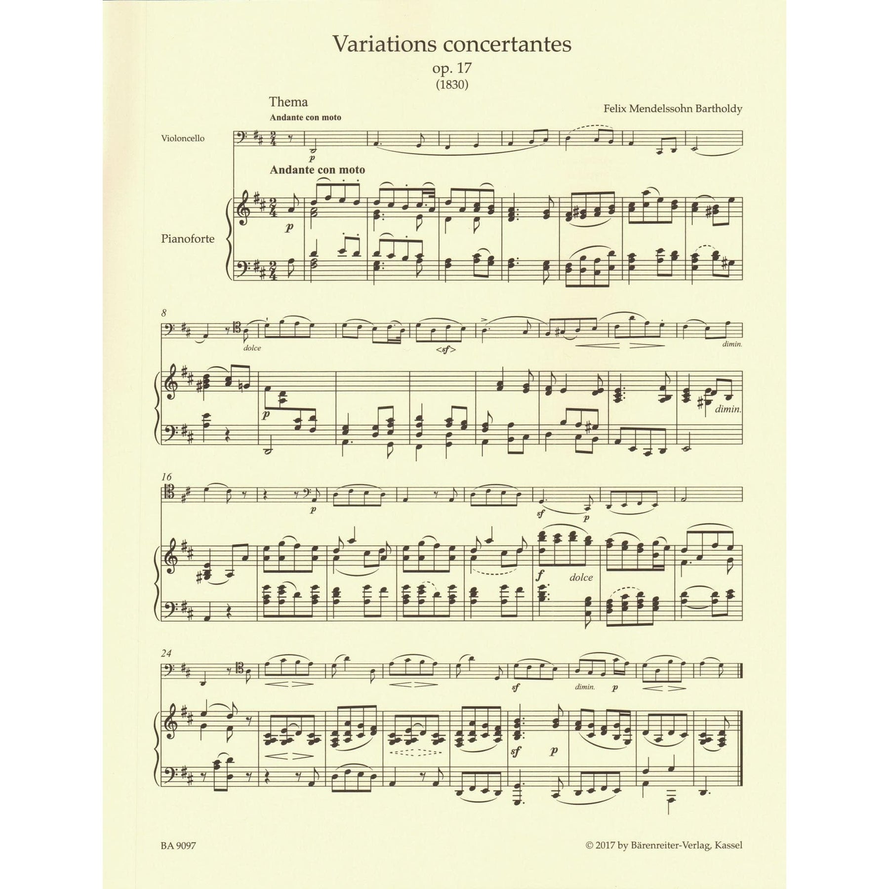 Mendelssohn, Felix - Complete Works, Volume 2 - Op. 17, Op. 109, Assai Tranquillo, Variationen - for Cello and Piano - Barenreiter URTEXT