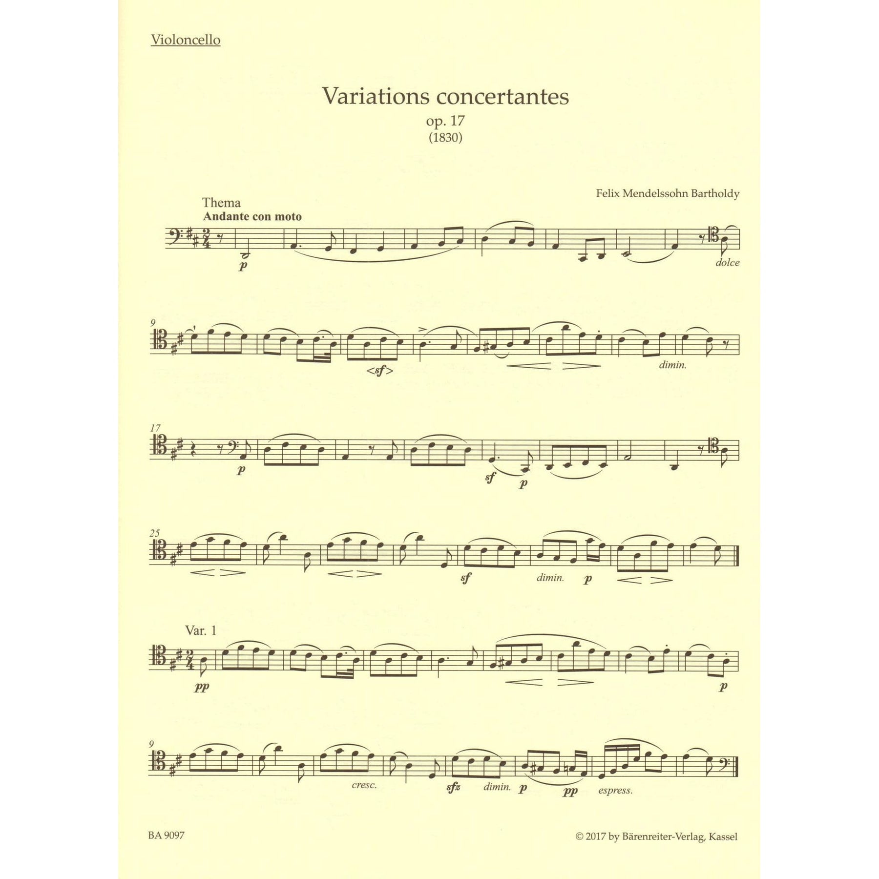 Mendelssohn, Felix - Complete Works, Volume 2 - Op. 17, Op. 109, Assai Tranquillo, Variationen - for Cello and Piano - Barenreiter URTEXT