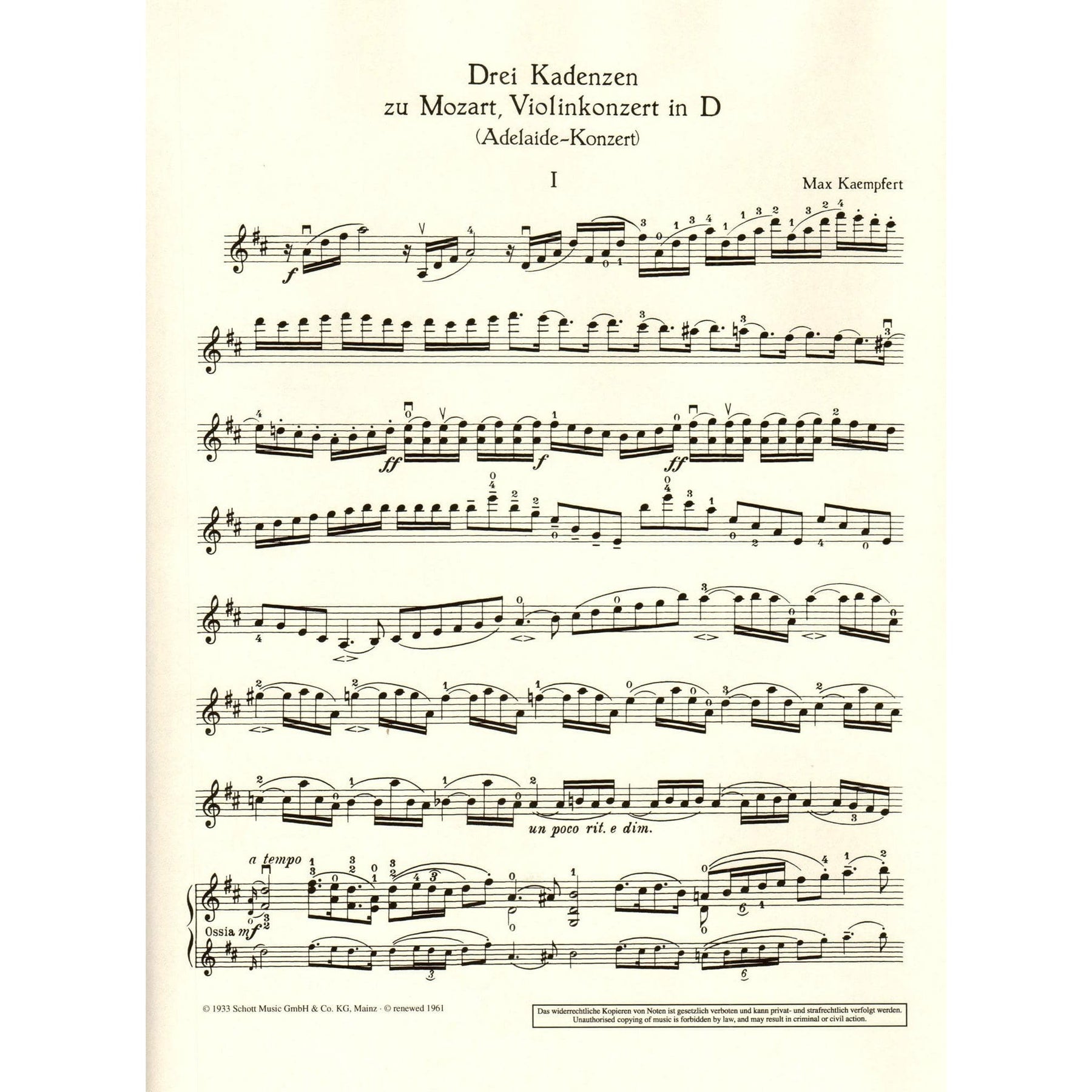 Mozart, WA - Concerto in D Major, K 294a ("Adelaide") - Violin and Piano - arranged by Marius Casadesus - Schott Edition