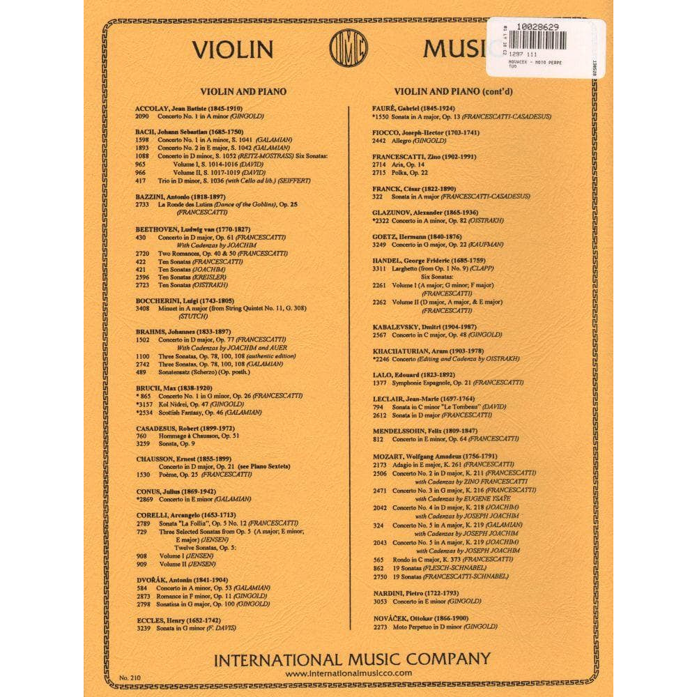 Novacek, Ottokar - Moto Perpetuo - for Violin and Piano - Edited by Josef Gingold - International Music Company