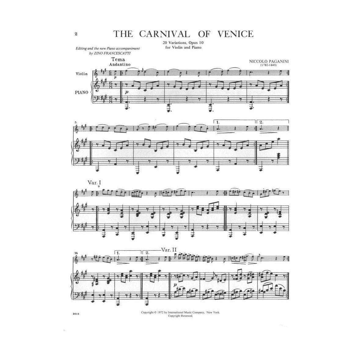 Paganini, Niccolo - The Carnival of Venice, Op10 (20 Variations) -  for Violin and Piano - edited by Zino Francescatti - International Music Company