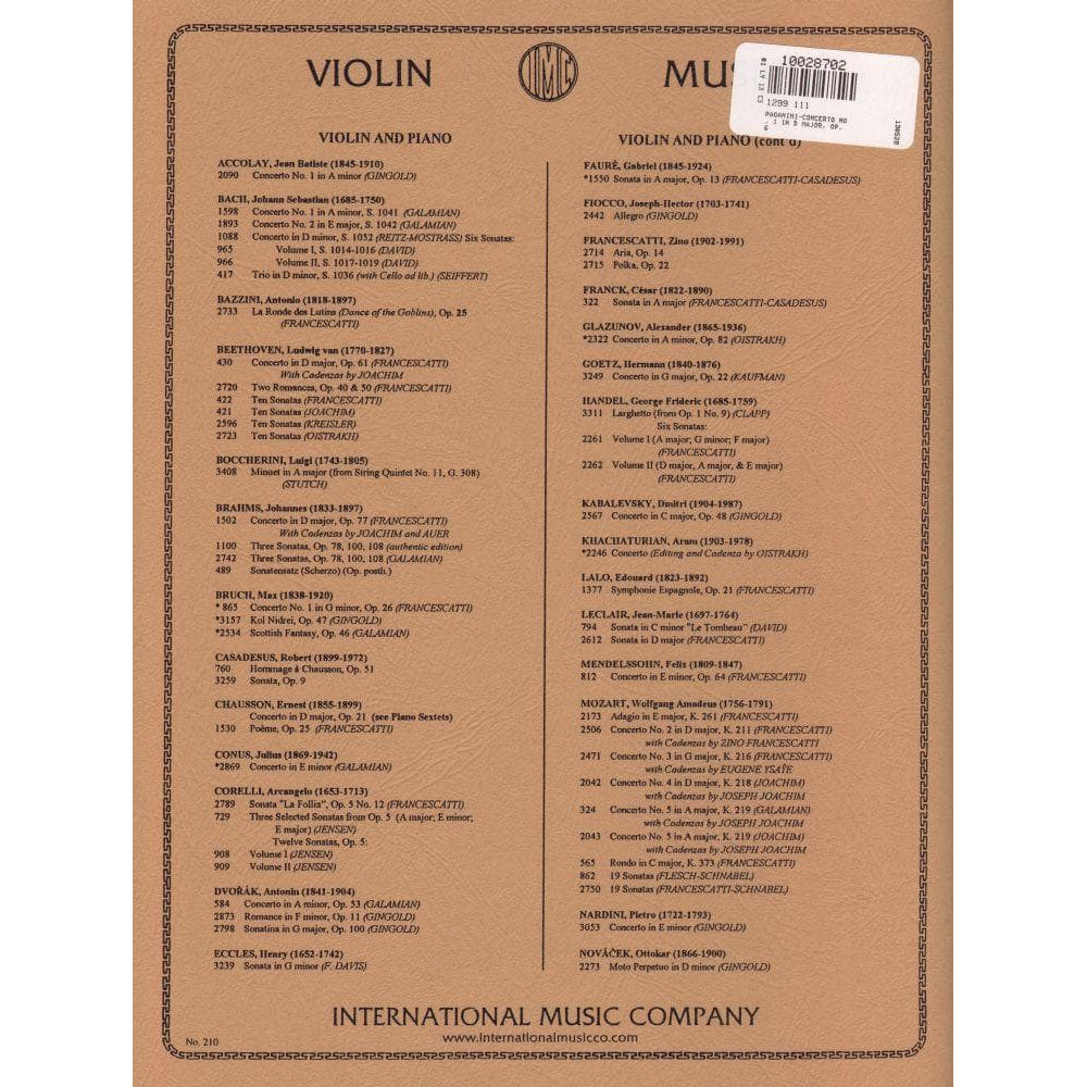 Paganini, Niccolo - Concerto No 1 in D Major, Op 6 - for Violin and Piano - edited by Carl Flesch - International Music Company