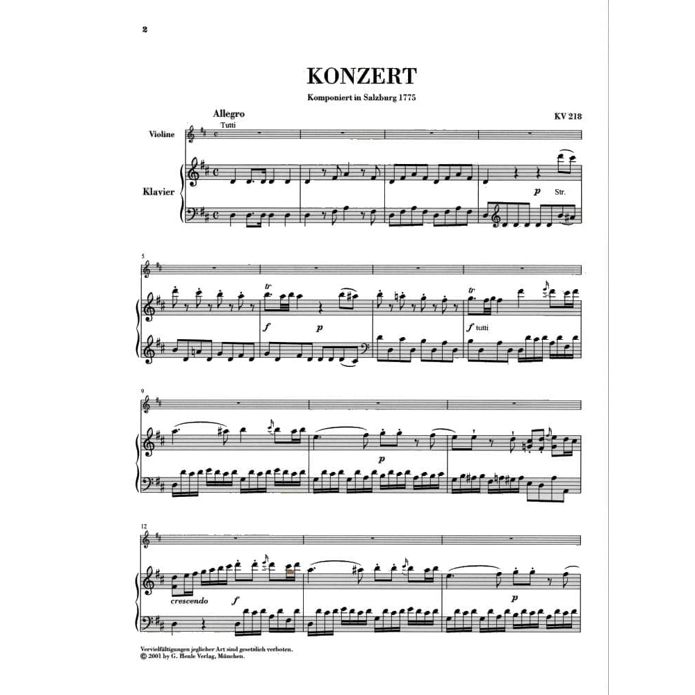 Mozart, WA - Concerto No 4 in D Major, K 218 - for Violin and Piano - edited by Wolf-Dieter Seiffert and Siegfried Petrenz - G Henle Verlag URTEXT