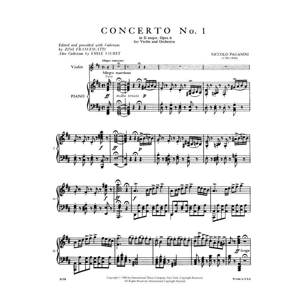 Paganini, Niccolo - Concerto No 1 in D Major, Op 6 - for Violin and Piano - edited by Zino Francescatti - International Music Company