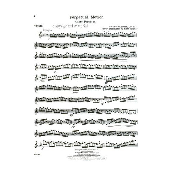 Paganini, Niccolo - Moto Perpetuo (Perpetual Motion), Op 11 - for Violin and Piano - Carl Fischer
