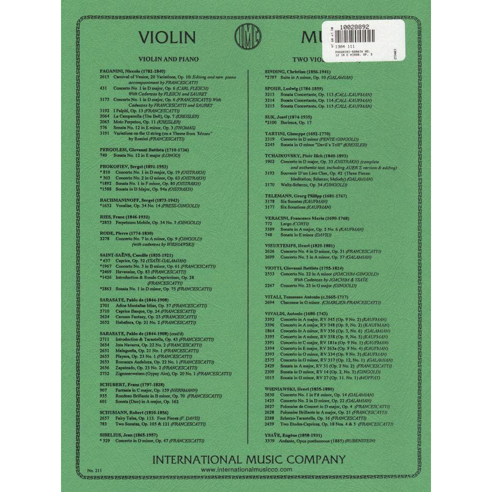Paganini, Niccolo - Sonata No 12 in e minor, Op 3 - for Violin and Piano - edited by Sally Thomas - International Music Company