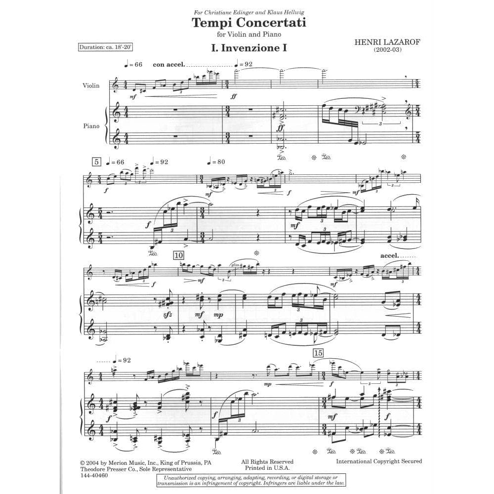 Lazarof, Henri - Tempi Concertati - Violin and Piano - Merion Music, Inc