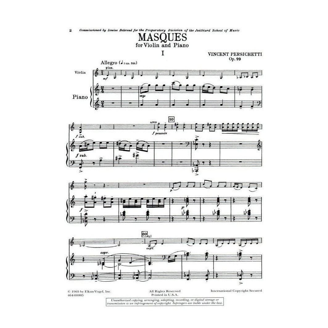 Persichetti - Masques, Op 99 For Violin and Piano Published by Elkan-Vogel Inc