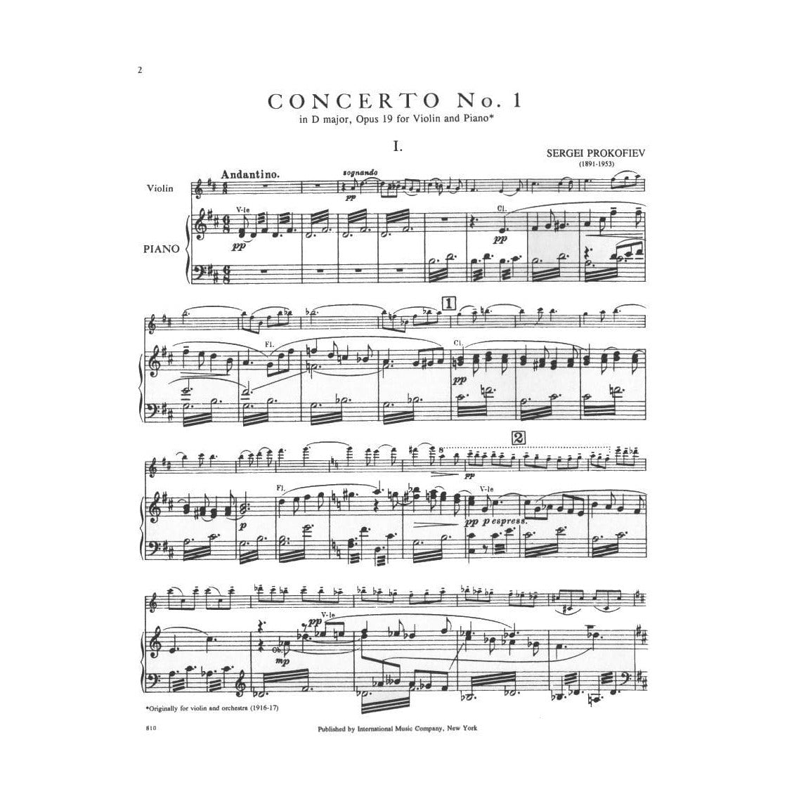 Prokofiev, Serge - Concerto No 1 In D Major Op 19 - for Violin - Arranged by David Oistrakh - International Music Company