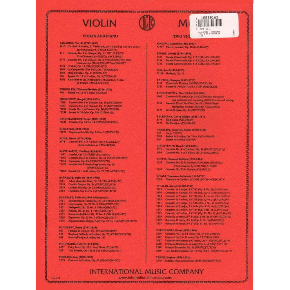 Prokofiev, Serge - Concerto No 1 In D Major Op 19 - for Violin - Arranged by David Oistrakh - International Music Company