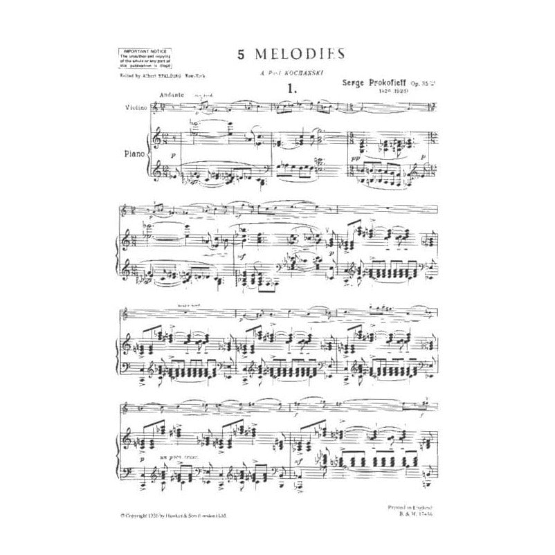 Prokofiev, Serge - Five Melodies, Op 35 - Violin and Piano - published by Boosey & Hawkes