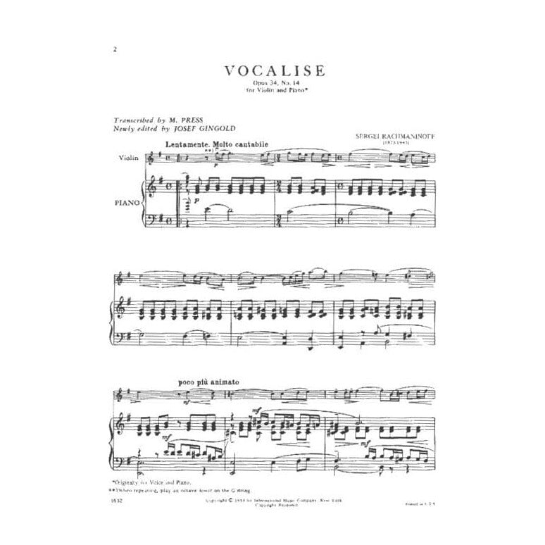 Rachmaninov, Sergey - Vocalise Op 34, No 14 - Violin & Piano - arranged by M Press - edited by Josef Gingold - International Music Company Edition
