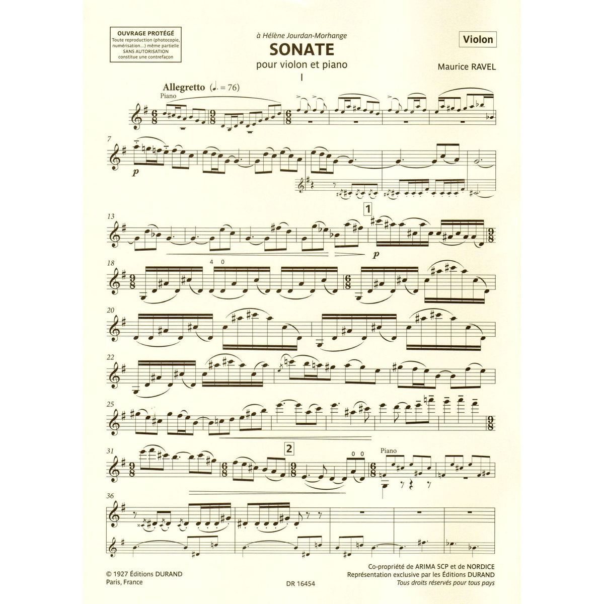 Ravel, Maurice - Sonata - for Violin and Piano - Durand Edition Musicales
