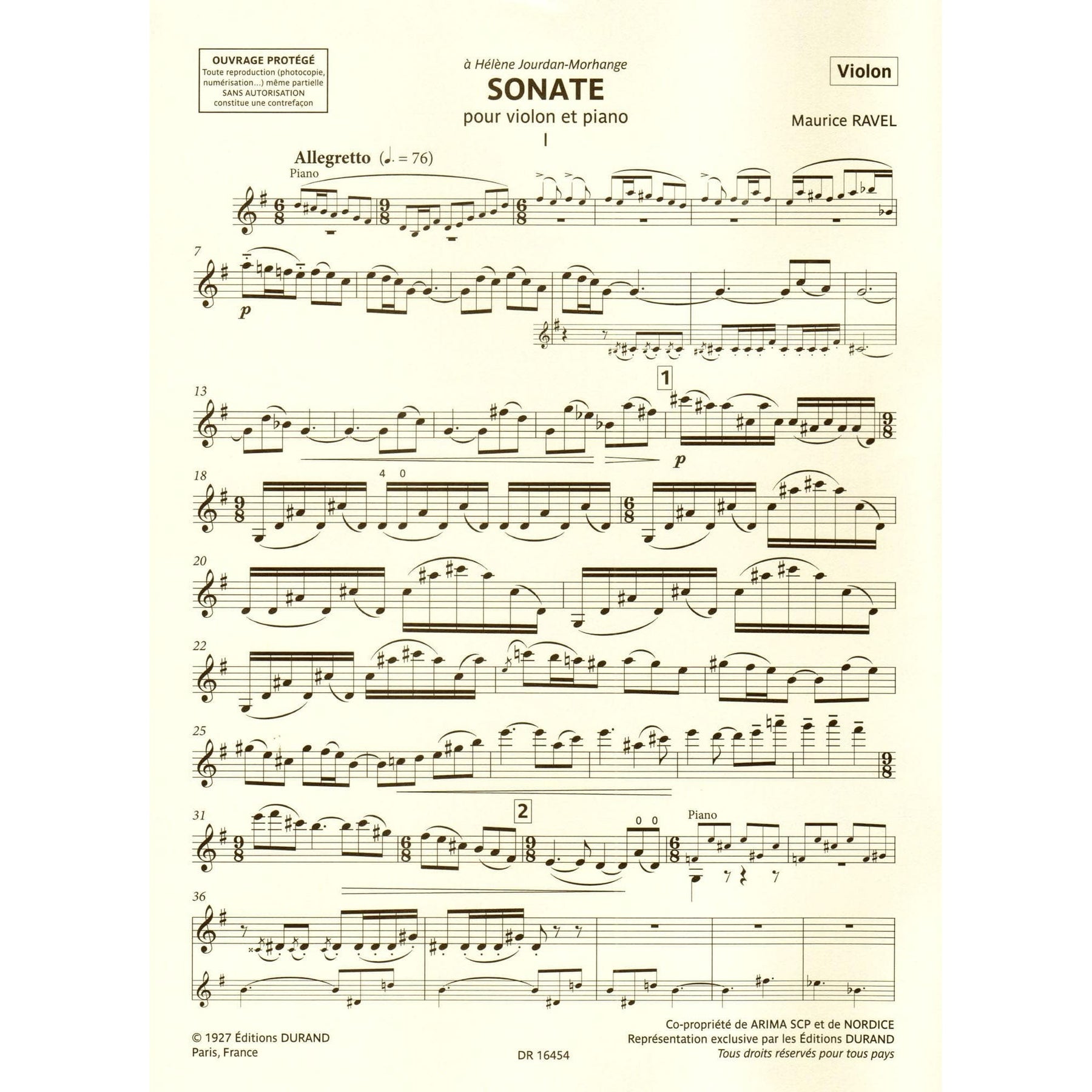 Ravel, Maurice - Sonata - for Violin and Piano - Durand Edition Musicales