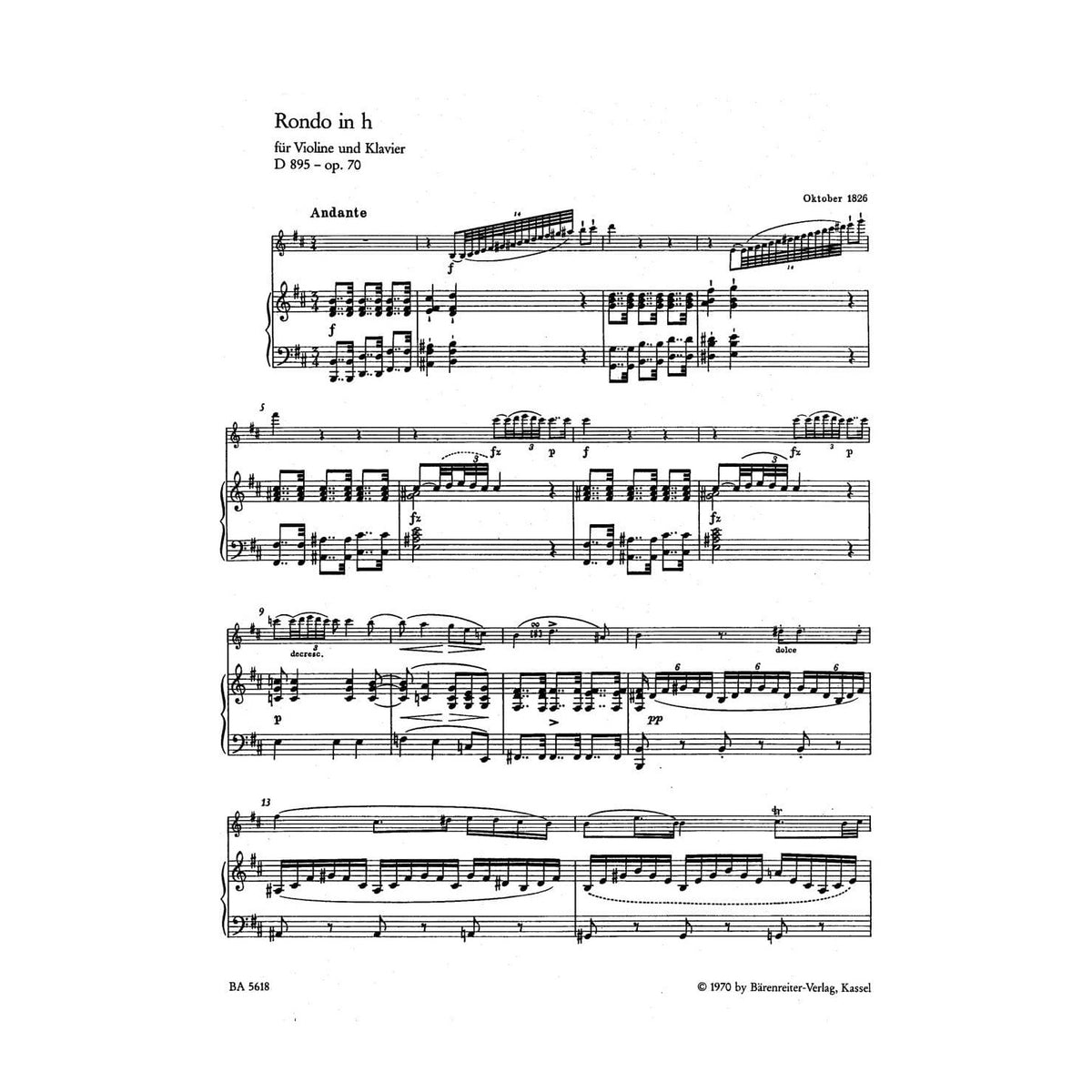 Schubert, Franz - Rondeau Brillante in b minor, Op 70 For Violin and Piano URTEXT Published by Barenretier